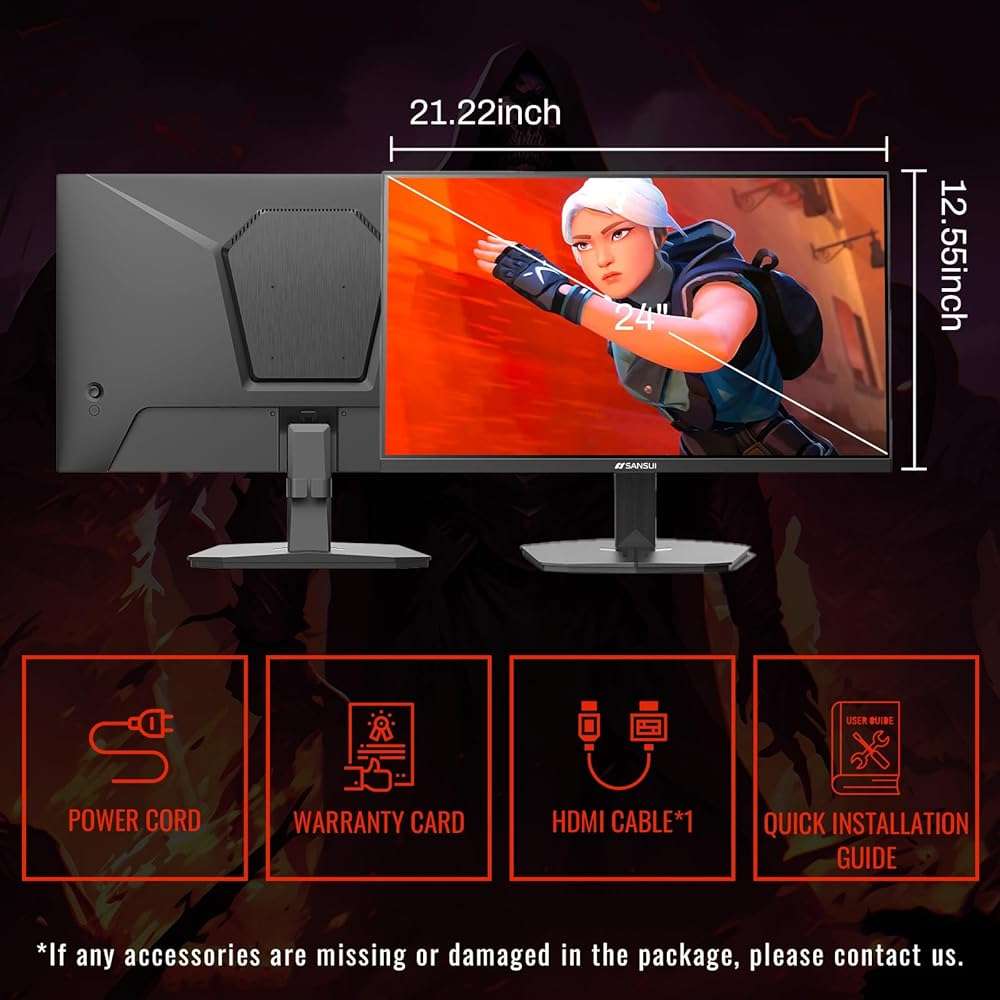 SANSUI Gaming Monitor, 24 Inch 180Hz, FHD 1080P 1ms 110% sRGB Computer Monitor, HDMI DP Ports VESA Support for Game Office (HDMI Cable Included) - Image 9