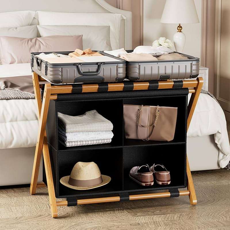 MHACVVO Bamboo Luggage Rack with 4 Storage Compartments, Foldable Suitcase Stand for Guest Room, 150lbs Capacity, Sturdy, Space-Saving and Easy to Assemble Organizer - Image 2