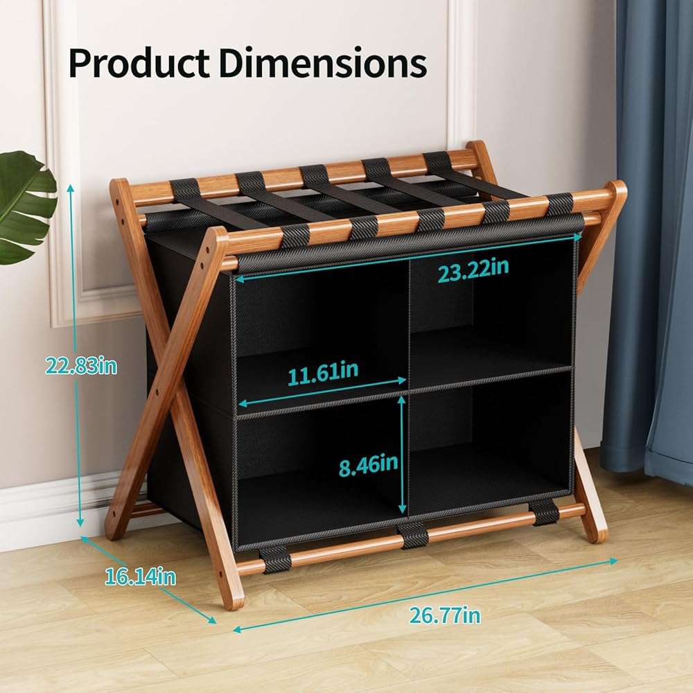 MHACVVO Bamboo Luggage Rack with 4 Storage Compartments, Foldable Suitcase Stand for Guest Room, 150lbs Capacity, Sturdy, Space-Saving and Easy to Assemble Organizer - Image 3