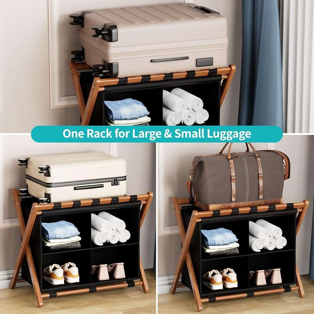 MHACVVO Bamboo Luggage Rack with 4 Storage Compartments, Foldable Suitcase Stand for Guest Room, 150lbs Capacity, Sturdy, Space-Saving and Easy to Assemble Organizer - Image 4