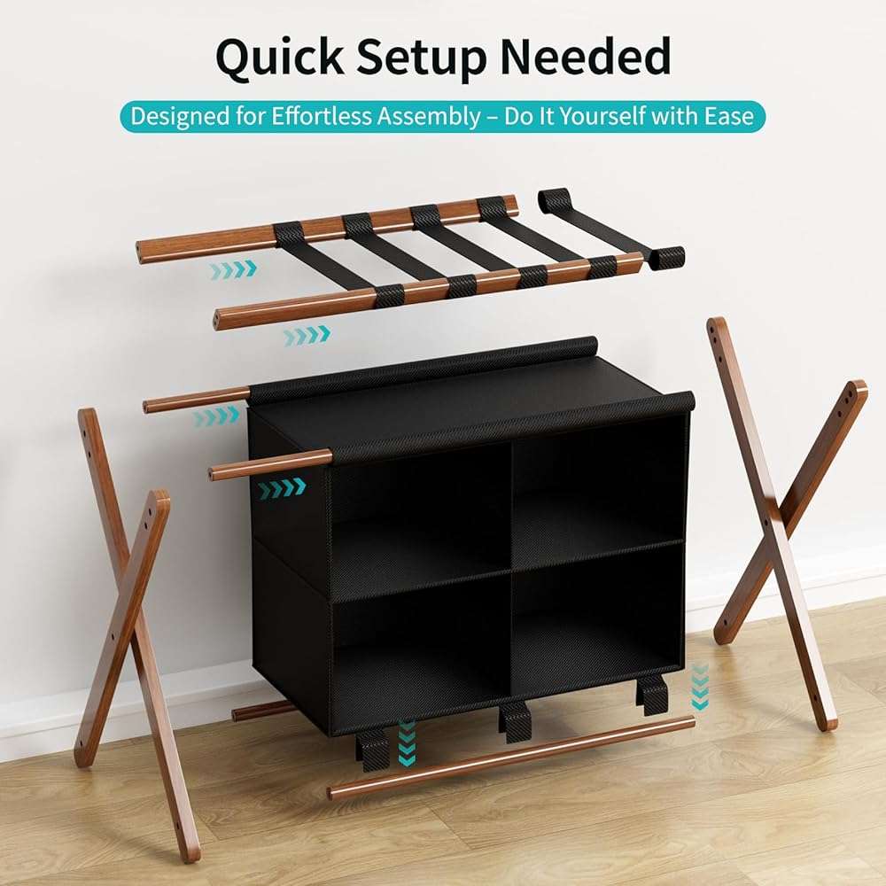 MHACVVO Bamboo Luggage Rack with 4 Storage Compartments, Foldable Suitcase Stand for Guest Room, 150lbs Capacity, Sturdy, Space-Saving and Easy to Assemble Organizer - Image 6