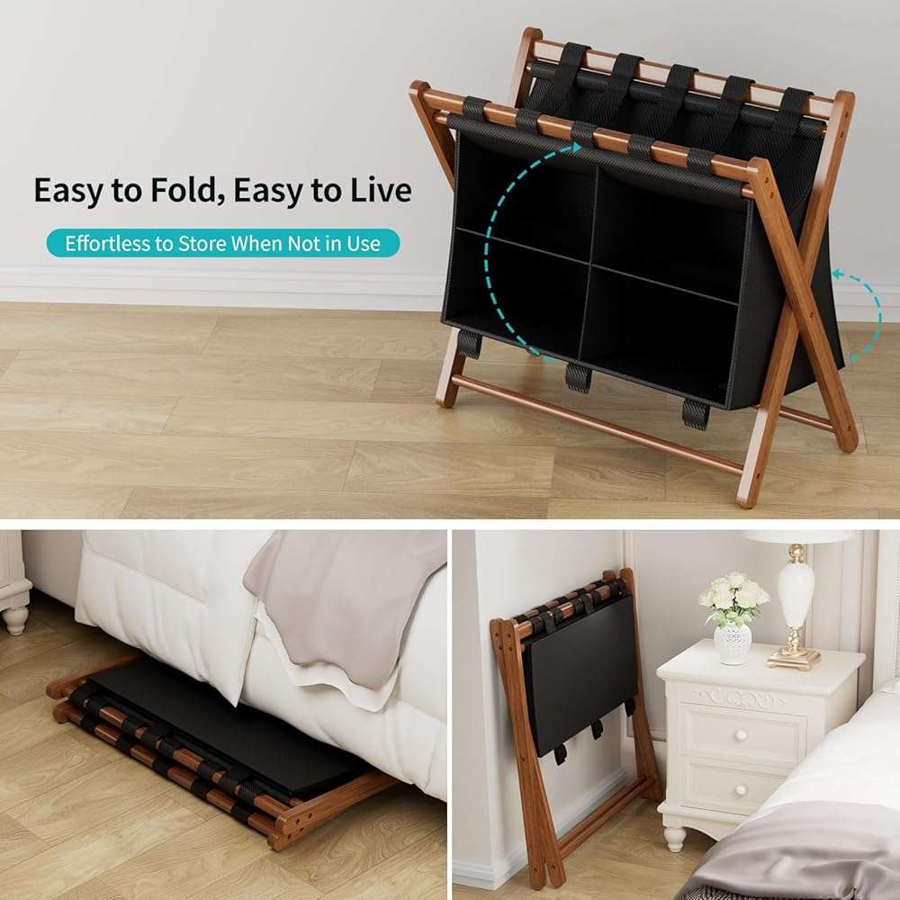 MHACVVO Bamboo Luggage Rack with 4 Storage Compartments, Foldable Suitcase Stand for Guest Room, 150lbs Capacity, Sturdy, Space-Saving and Easy to Assemble Organizer - Image 7