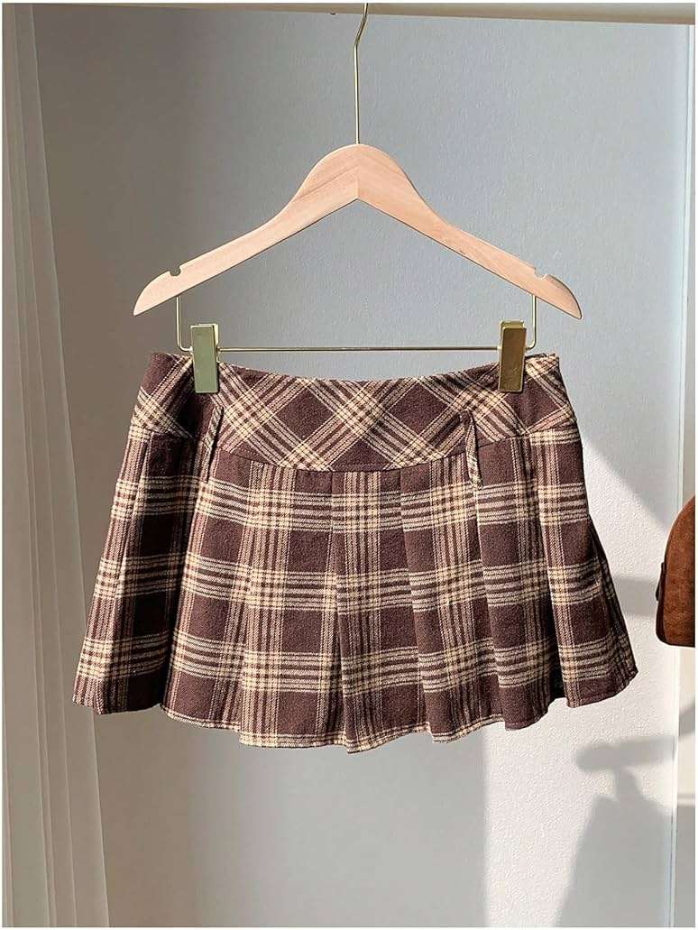 Floerns Women's Plaid Mini Skirts Pleated Hem Uniform Skater Skirt Built in Shorts - Image 2