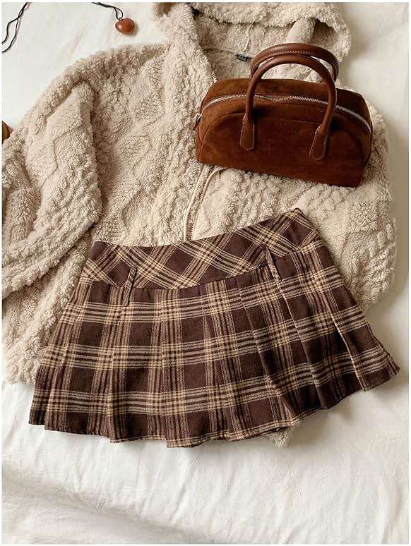 Floerns Women's Plaid Mini Skirts Pleated Hem Uniform Skater Skirt Built in Shorts - Image 3