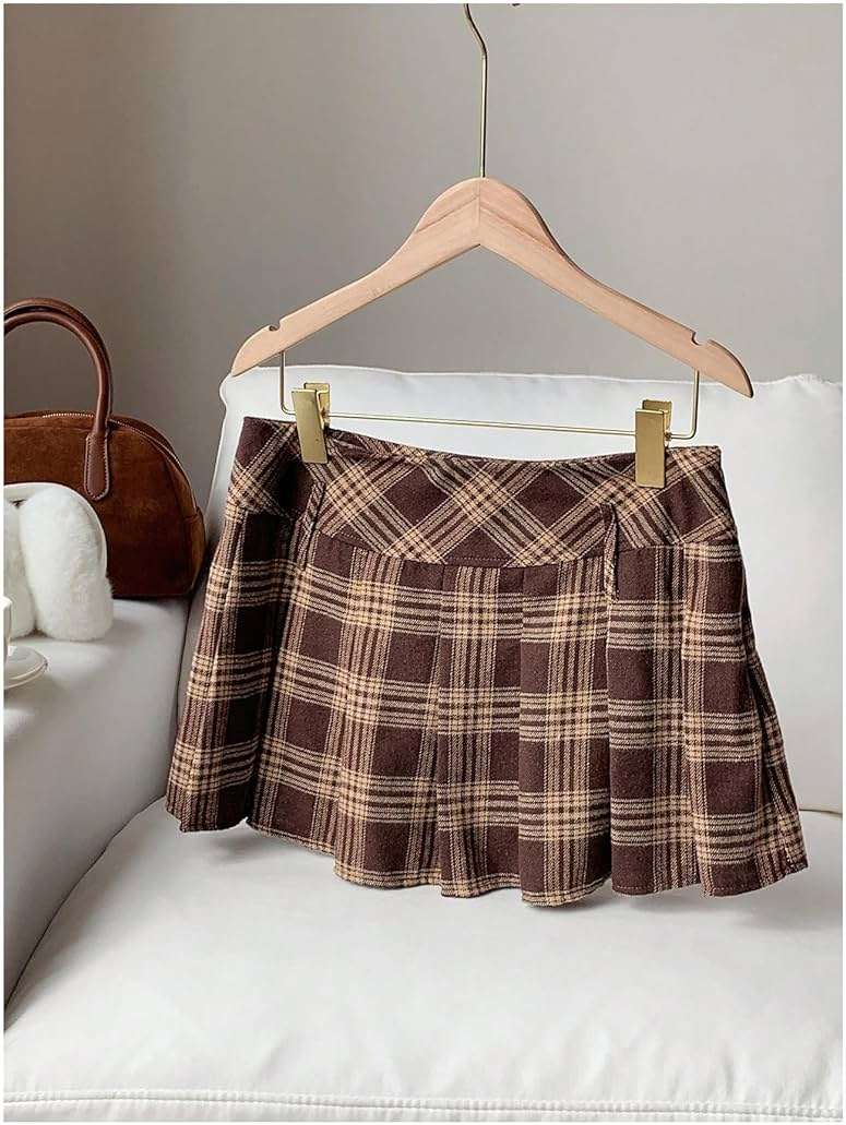 Floerns Women's Plaid Mini Skirts Pleated Hem Uniform Skater Skirt Built in Shorts - Image 4