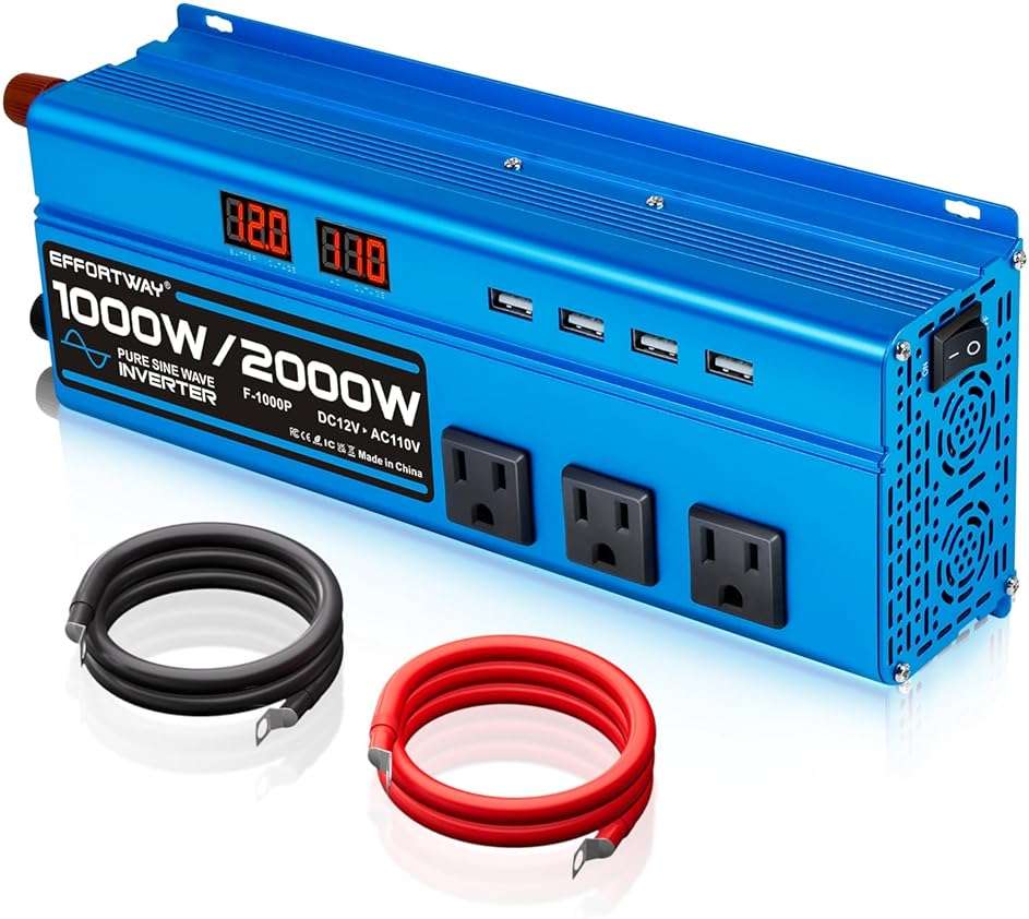 1000W Pure Sine Wave Inverter DC 12V to AC 110V/120V Converter 2000w (Peak) Car Power Converter with 3 AC Outlets, 4USB Port,Power Inverter for Car, Truck, Home, Vehicles, Laptop - Image 1