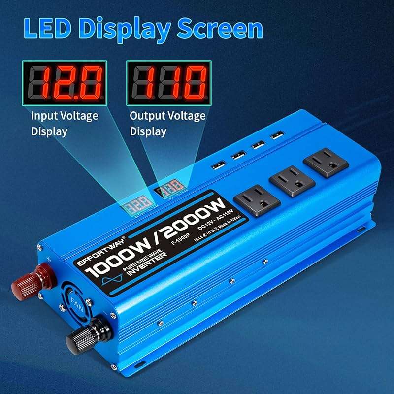 1000W Pure Sine Wave Inverter DC 12V to AC 110V/120V Converter 2000w (Peak) Car Power Converter with 3 AC Outlets, 4USB Port,Power Inverter for Car, Truck, Home, Vehicles, Laptop - Image 4