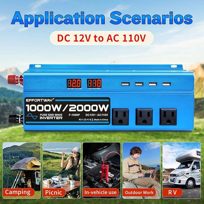1000W Pure Sine Wave Inverter DC 12V to AC 110V/120V Converter 2000w (Peak) Car Power Converter with 3 AC Outlets, 4USB Port,Power Inverter for Car, Truck, Home, Vehicles, Laptop - Image 7