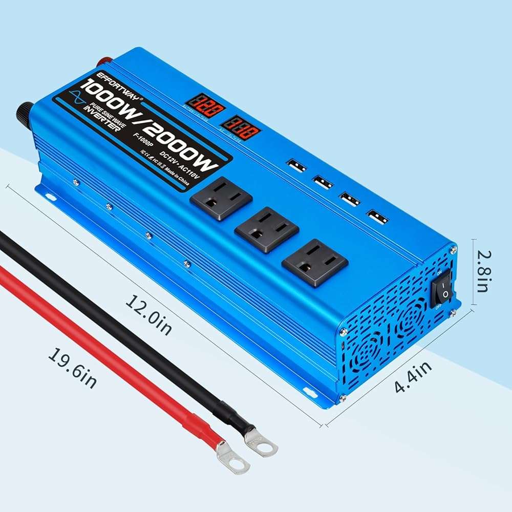 1000W Pure Sine Wave Inverter DC 12V to AC 110V/120V Converter 2000w (Peak) Car Power Converter with 3 AC Outlets, 4USB Port,Power Inverter for Car, Truck, Home, Vehicles, Laptop - Image 8