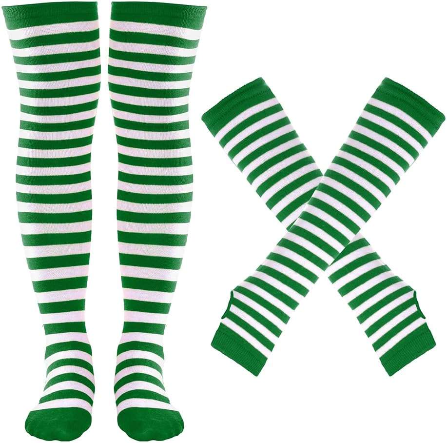 Tongcloud Women's Striped Knee High Socks, Over Knee Thigh High Socks, Arm Warmer and Fingerless Gloves Set - Image 1
