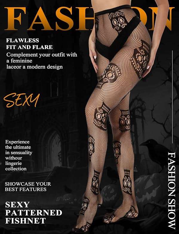 Buauty Womens Patterned Fishnet Tights Lace Black Fish Net Stockings High Waist Floral Pantyhose Gothic Witch Party - Image 7