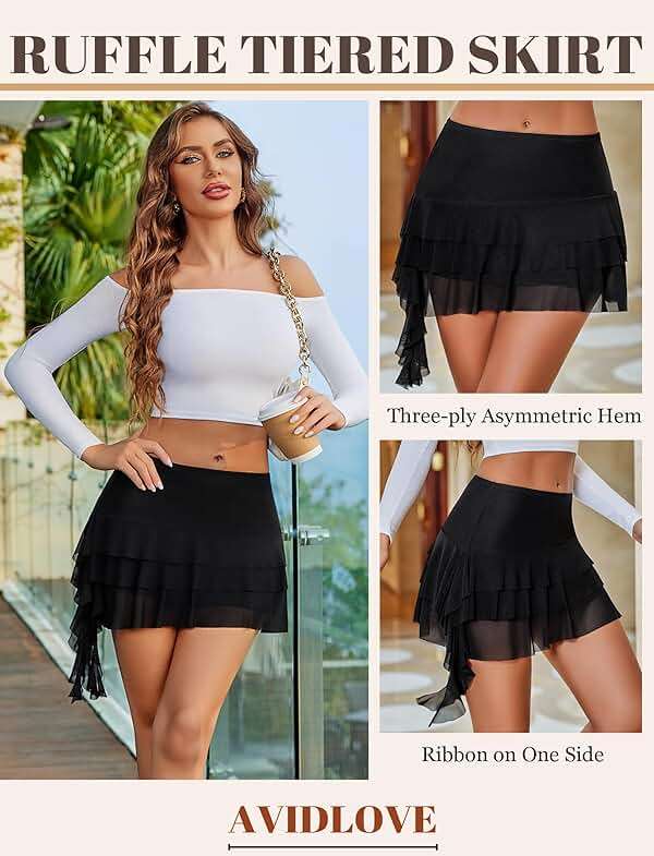 Avidlove Women's Asymmetric Ruffle Mini Skirt Ruched Hem Tiered Skirt Sexy Lace Lingerie Short Skirts - Image 2
