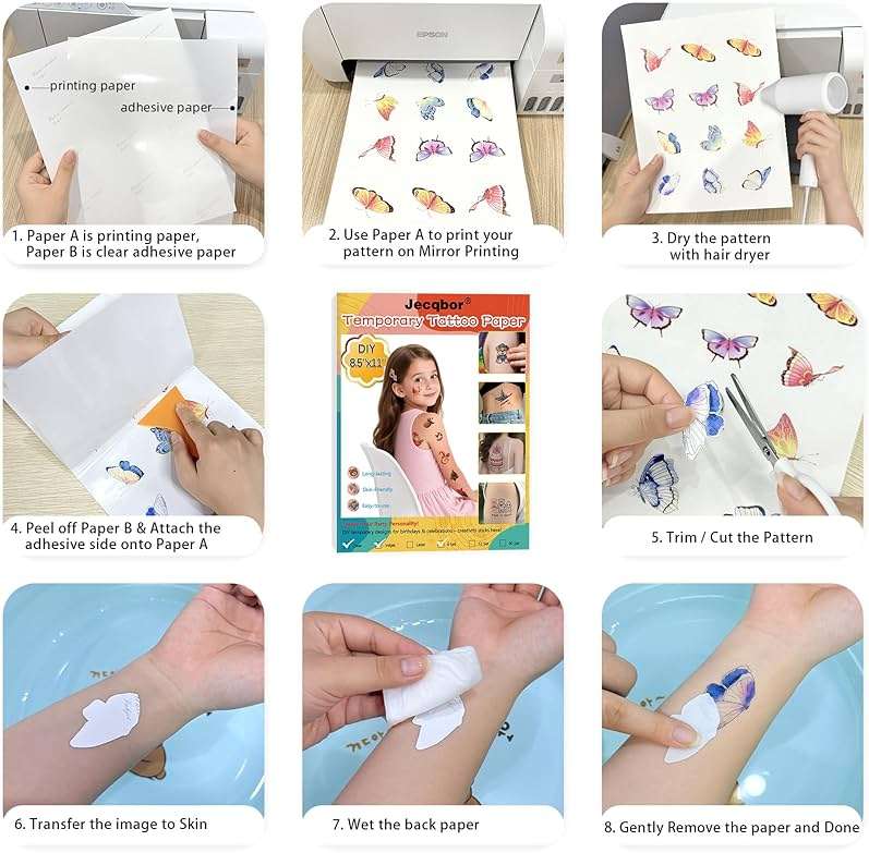 Printable Temporary Tattoo Paper for INKJET Printer, Custom Tattoo Sticker 8.5"X11", DIY Personalized Long-lasting Clear Transfer Paper for Kids, Family, Women, Halloween, Birthday, Parties, Christmas - Image 4