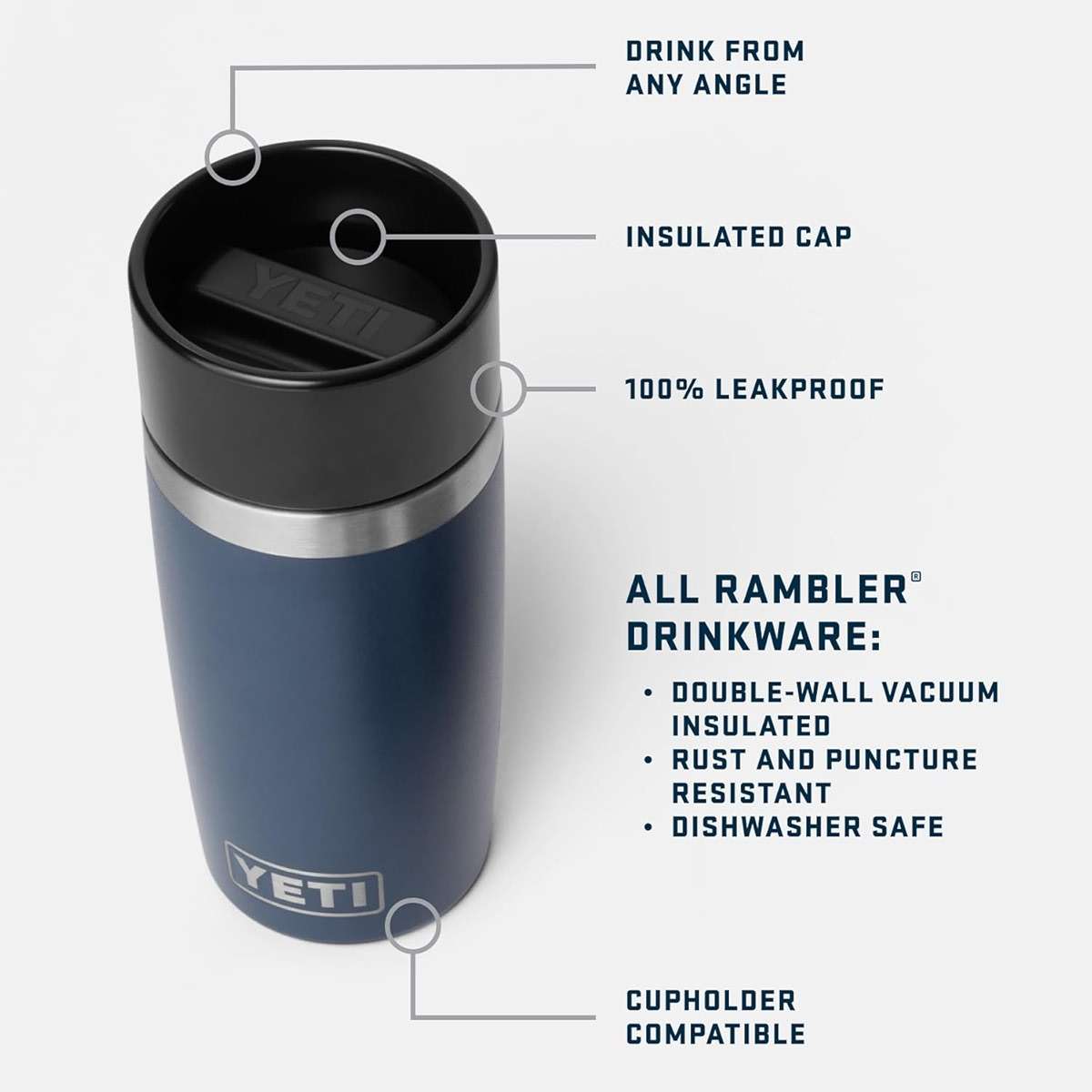 YETI Rambler 12 oz Travel Bottle, Stainless Steel, Vacuum Insulated with Leakproof Commuter Cap, Navy - Image 4