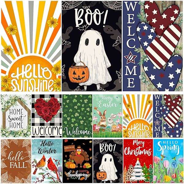 Seasonal Garden Flags Set of 12 Double Sided 12x18 Inch, Small Yard Flags for Outside, Christmas Halloween Easter Valentine's Day Decor, Spring Summer Fall Winter Holiday Garden Decorations - Image 1