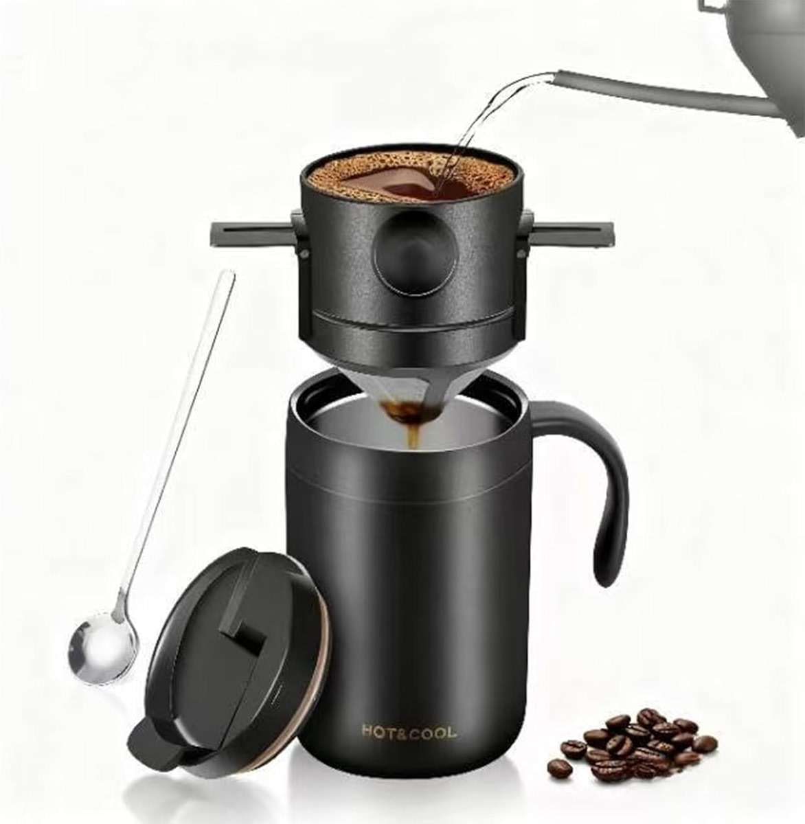 Portable 16oz Pour Over Coffee Maker with Foldable Filter & Stirrer – Insulated Stainless Steel Travel Cup with Lid – No Paper Filter Needed, BPA-Free, Black – For Home, Office, Camping, Backpacking - Image 1