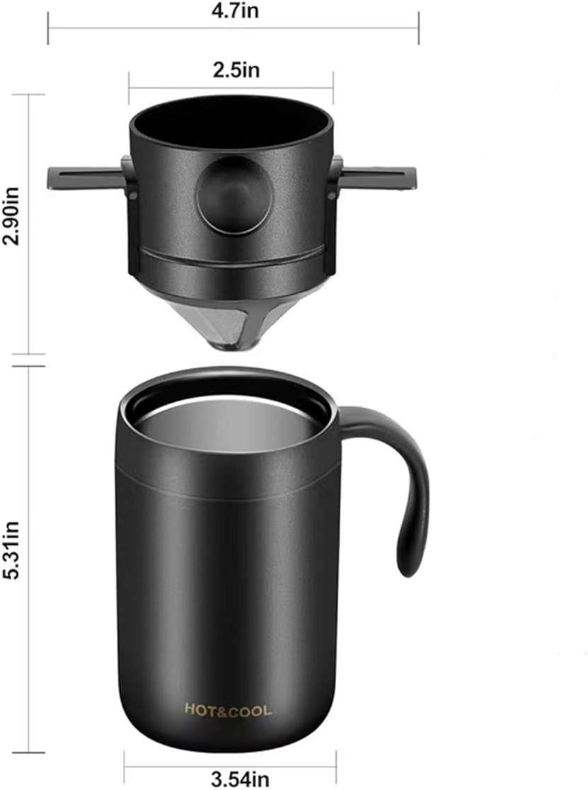 Portable 16oz Pour Over Coffee Maker with Foldable Filter & Stirrer – Insulated Stainless Steel Travel Cup with Lid – No Paper Filter Needed, BPA-Free, Black – For Home, Office, Camping, Backpacking - Image 2