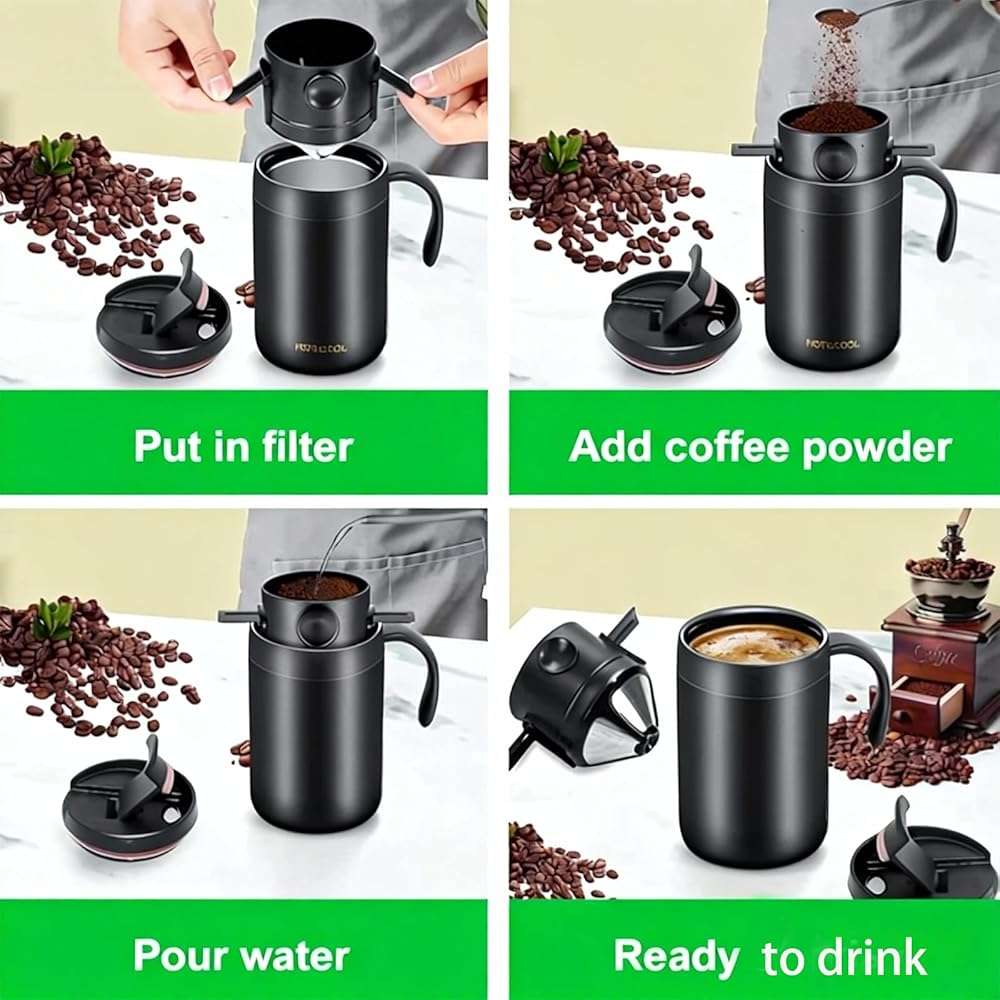 Portable 16oz Pour Over Coffee Maker with Foldable Filter & Stirrer – Insulated Stainless Steel Travel Cup with Lid – No Paper Filter Needed, BPA-Free, Black – For Home, Office, Camping, Backpacking - Image 4