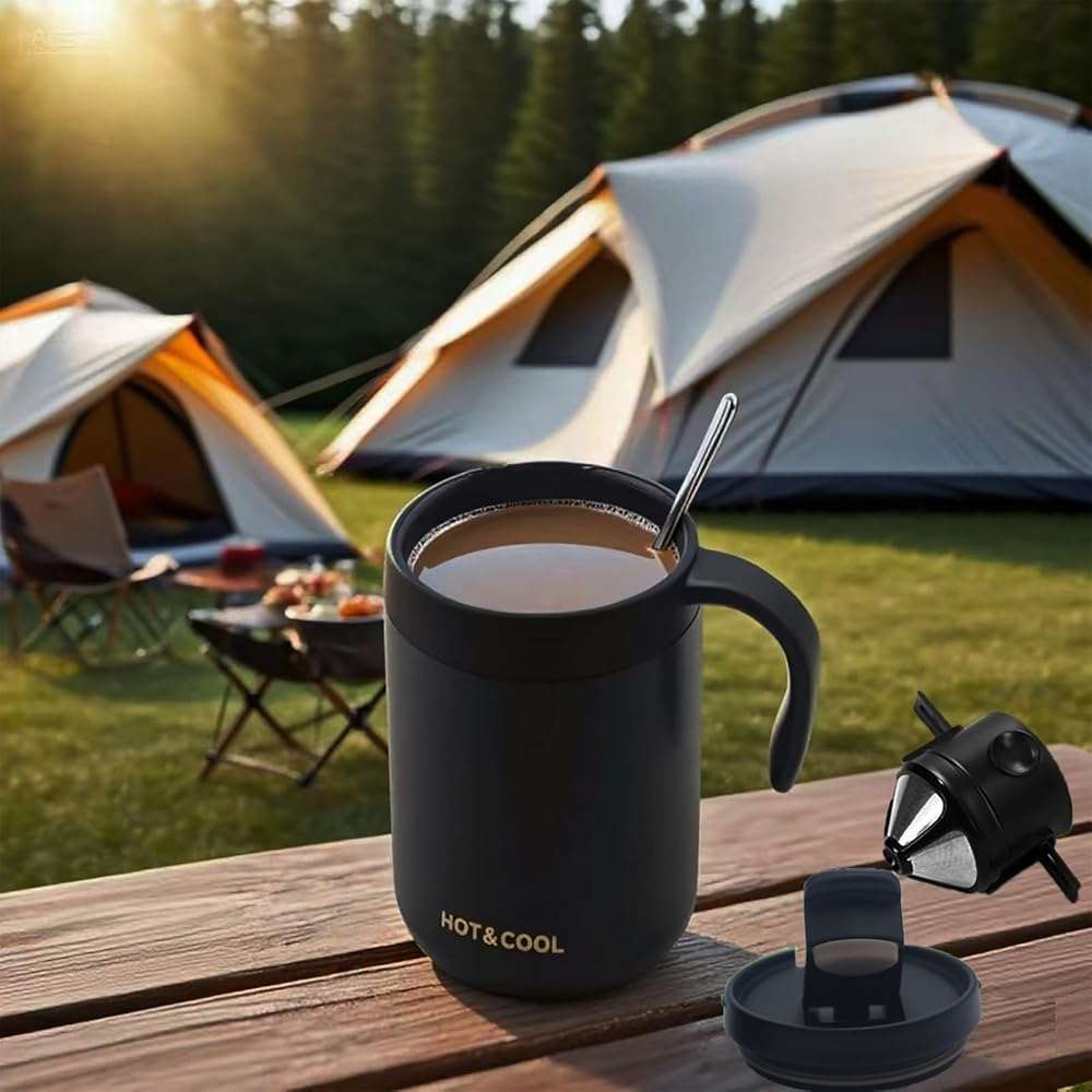 Portable 16oz Pour Over Coffee Maker with Foldable Filter & Stirrer – Insulated Stainless Steel Travel Cup with Lid – No Paper Filter Needed, BPA-Free, Black – For Home, Office, Camping, Backpacking - Image 9