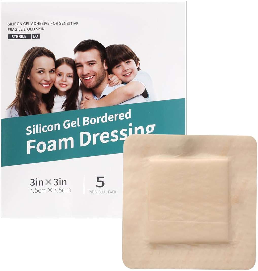 Silicone Foam Dressing with Adhesive Border 5 Pcs 3’’ x 3’’ Wound Dressings Bandage Gentle High Absorbency Waterproof Silicone Foam Pads for Wound Care - Image 1