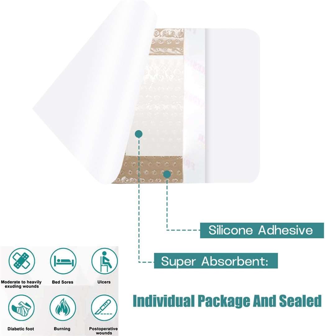 Silicone Foam Dressing with Adhesive Border 5 Pcs 3’’ x 3’’ Wound Dressings Bandage Gentle High Absorbency Waterproof Silicone Foam Pads for Wound Care - Image 2