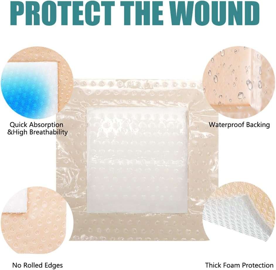 Silicone Foam Dressing with Adhesive Border 5 Pcs 3’’ x 3’’ Wound Dressings Bandage Gentle High Absorbency Waterproof Silicone Foam Pads for Wound Care - Image 5