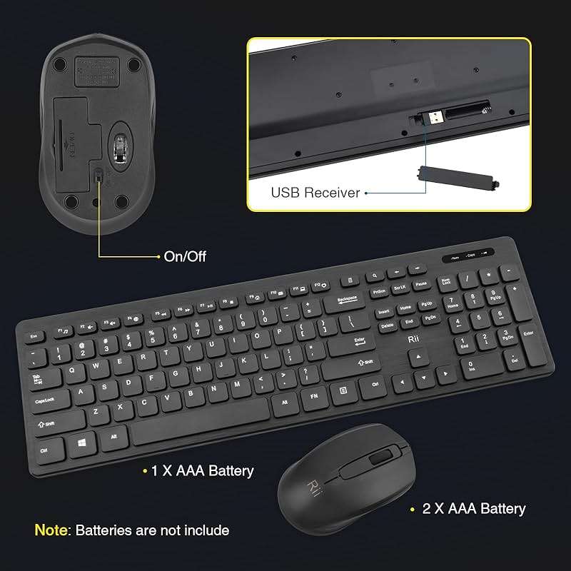 Wireless Keyboard and Mouse Combo - Rii Standard Office PC Keyboard and Optical Wireless Mice (Black) - Image 3