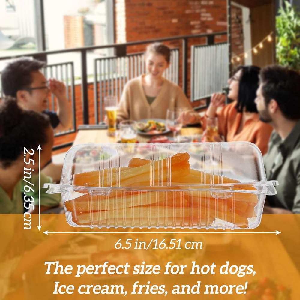 100pcs Locking Plastic Hot Dog Trays, Premium Food Container, Disposable Clear Food Presentation Boats for Takeout and To-Go Meals, 6.5"x2.5"x3.7" Small Containers. - Image 3