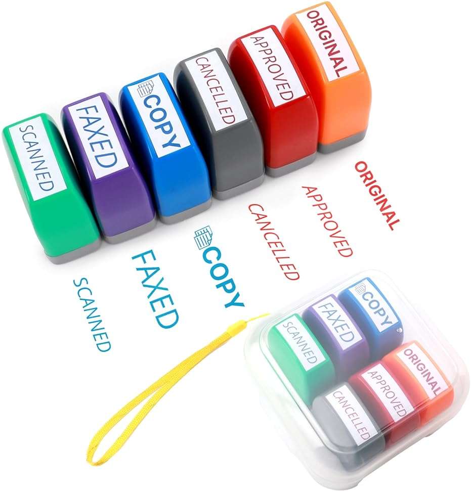 Portable Office Stamps Set, 6 Pcs (Scanned, Approved, Faxed, Copy) - Self Inking Red & Blue Ink Rubber Stamps for Paperwork, Business Documents, Emails, Records | by 6uGooes - Image 1