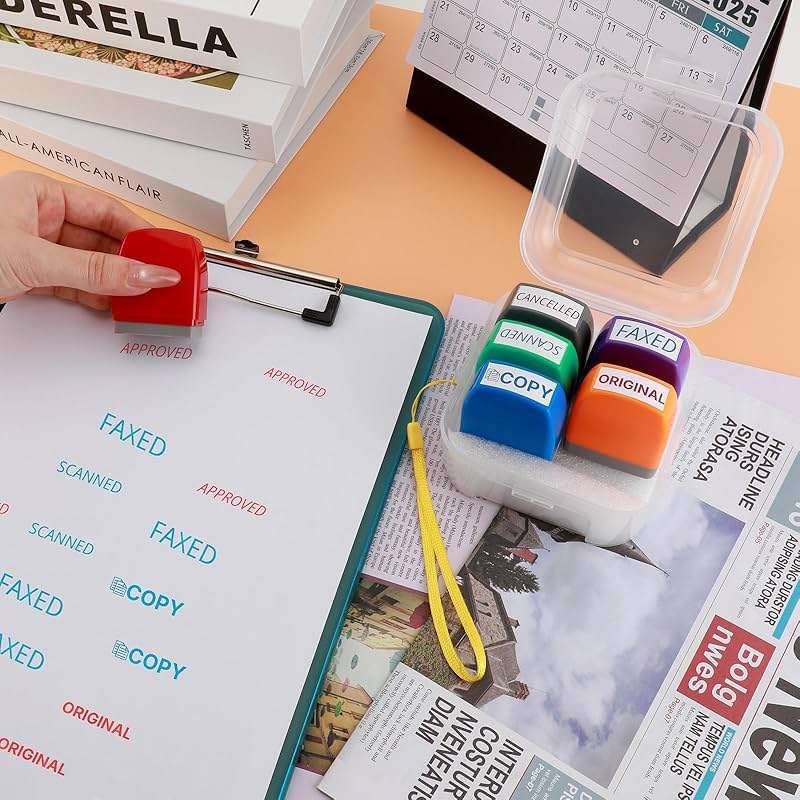 Portable Office Stamps Set, 6 Pcs (Scanned, Approved, Faxed, Copy) - Self Inking Red & Blue Ink Rubber Stamps for Paperwork, Business Documents, Emails, Records | by 6uGooes - Image 2