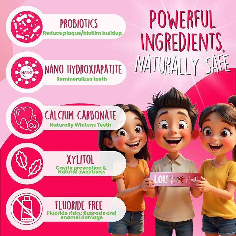 LOL Fluoride Free Toothpaste Kids, Nano Hydroxyapatite Toothpaste Kids with Probiotics & Xylitol, Remineralizing Toothpaste, Natural Plant-Based Foam, Strawberry Flavor - Image 6
