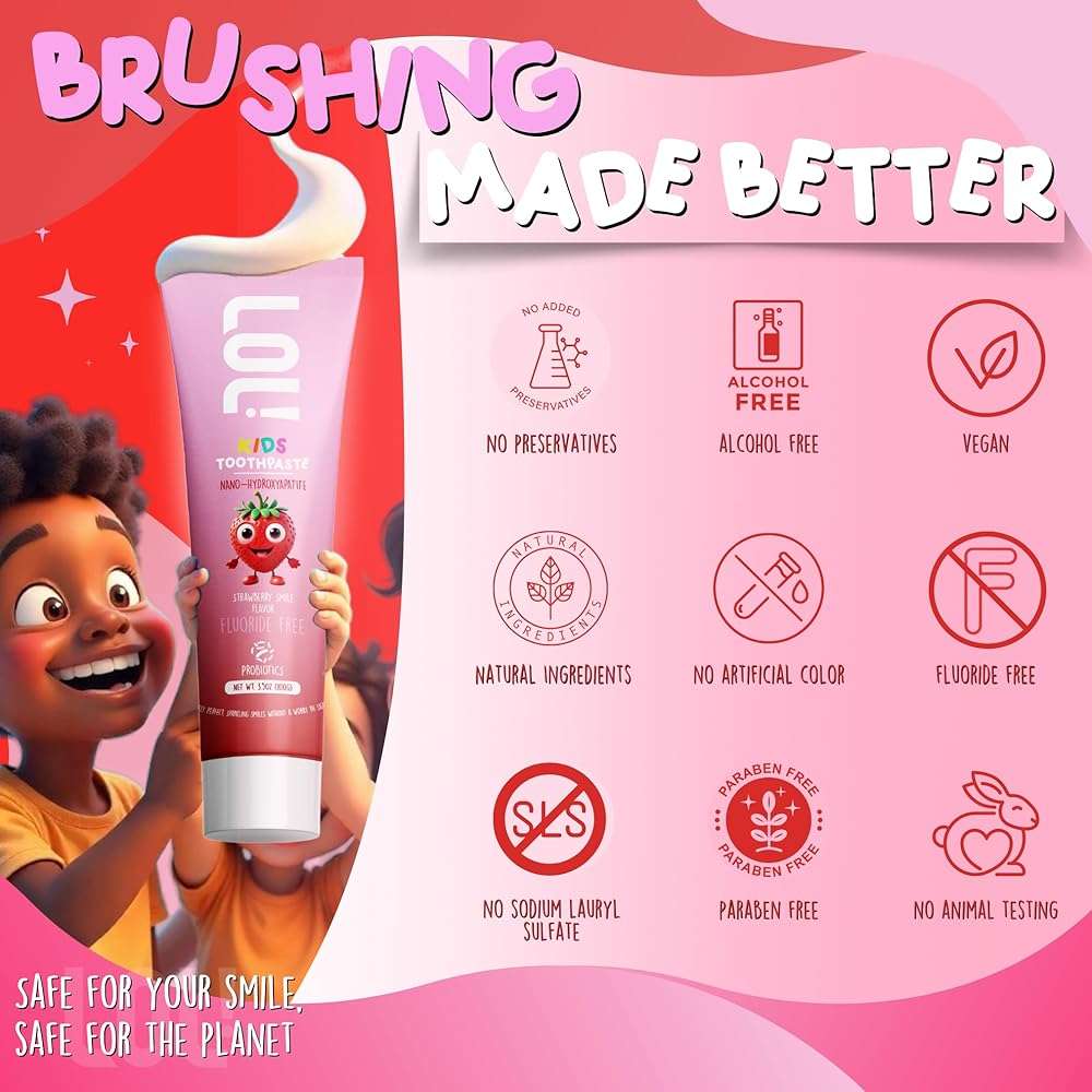 LOL Fluoride Free Toothpaste Kids, Nano Hydroxyapatite Toothpaste Kids with Probiotics & Xylitol, Remineralizing Toothpaste, Natural Plant-Based Foam, Strawberry Flavor - Image 7