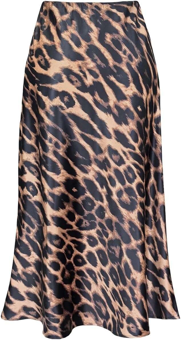 Women's Side Slit A Line Satin Midi Skirt Elastic High Waisted Cheetah Leopard Print Silk Long Skirts for Women - Image 7