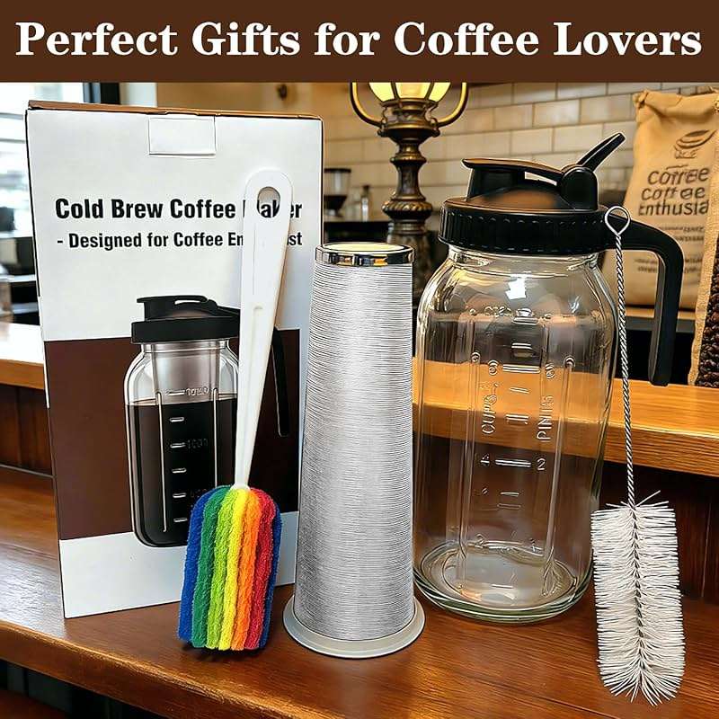 Cold Brew Coffee Maker, 64oz Cold Brew Pitcher with Stainless Steel Filter & Coffee Mat, Glass Cold Brew Mason Jar with Airtight Lid, Cold Brew Brewer Kit Tea Infuser Pitcher, Gifts for Coffee Lovers - Image 6