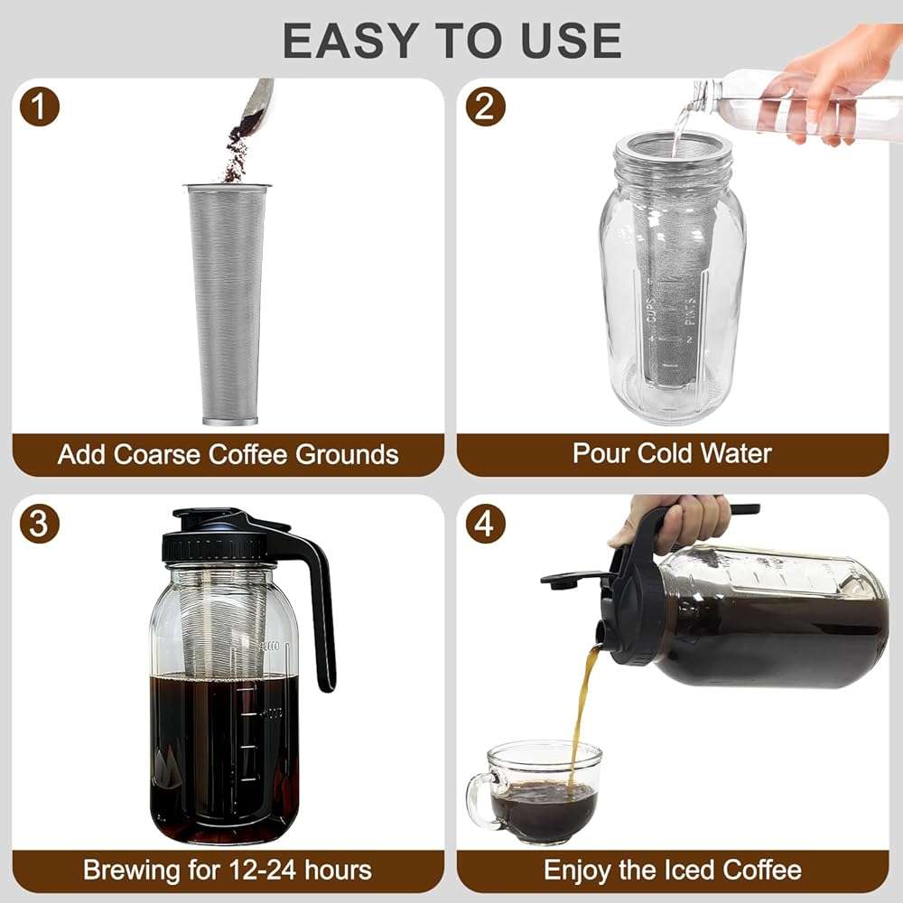 Cold Brew Coffee Maker, 64oz Cold Brew Pitcher with Stainless Steel Filter & Coffee Mat, Glass Cold Brew Mason Jar with Airtight Lid, Cold Brew Brewer Kit Tea Infuser Pitcher, Gifts for Coffee Lovers - Image 8