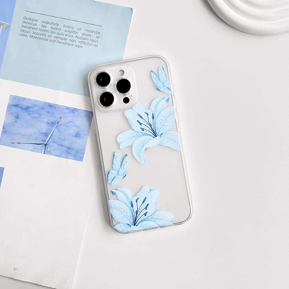 NITITOP Compatible with iPhone 13 Pro Case Clear Cute Butterfly Lily Flower Floral Pattern for Women Girls Full Camera Lens Clear Slim Shockproof Protective Phone Cover - Blue - Image 2