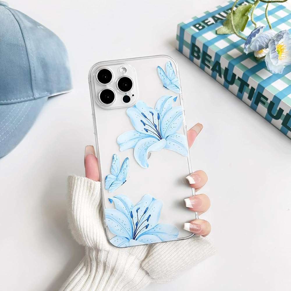 NITITOP Compatible with iPhone 13 Pro Case Clear Cute Butterfly Lily Flower Floral Pattern for Women Girls Full Camera Lens Clear Slim Shockproof Protective Phone Cover - Blue - Image 4