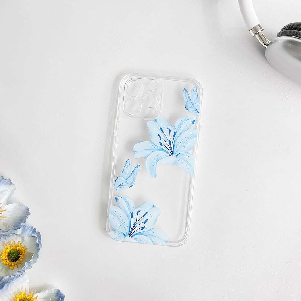 NITITOP Compatible with iPhone 13 Pro Case Clear Cute Butterfly Lily Flower Floral Pattern for Women Girls Full Camera Lens Clear Slim Shockproof Protective Phone Cover - Blue - Image 5