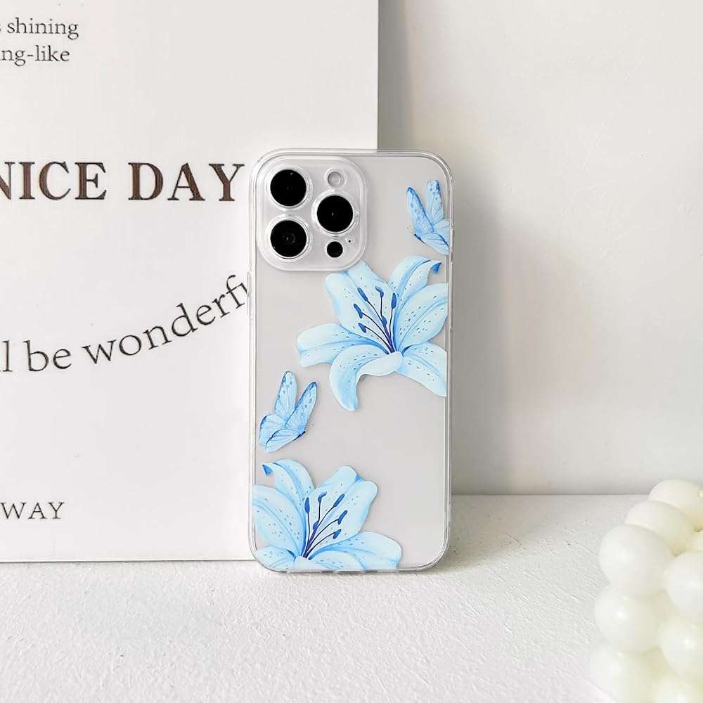NITITOP Compatible with iPhone 13 Pro Case Clear Cute Butterfly Lily Flower Floral Pattern for Women Girls Full Camera Lens Clear Slim Shockproof Protective Phone Cover - Blue - Image 6