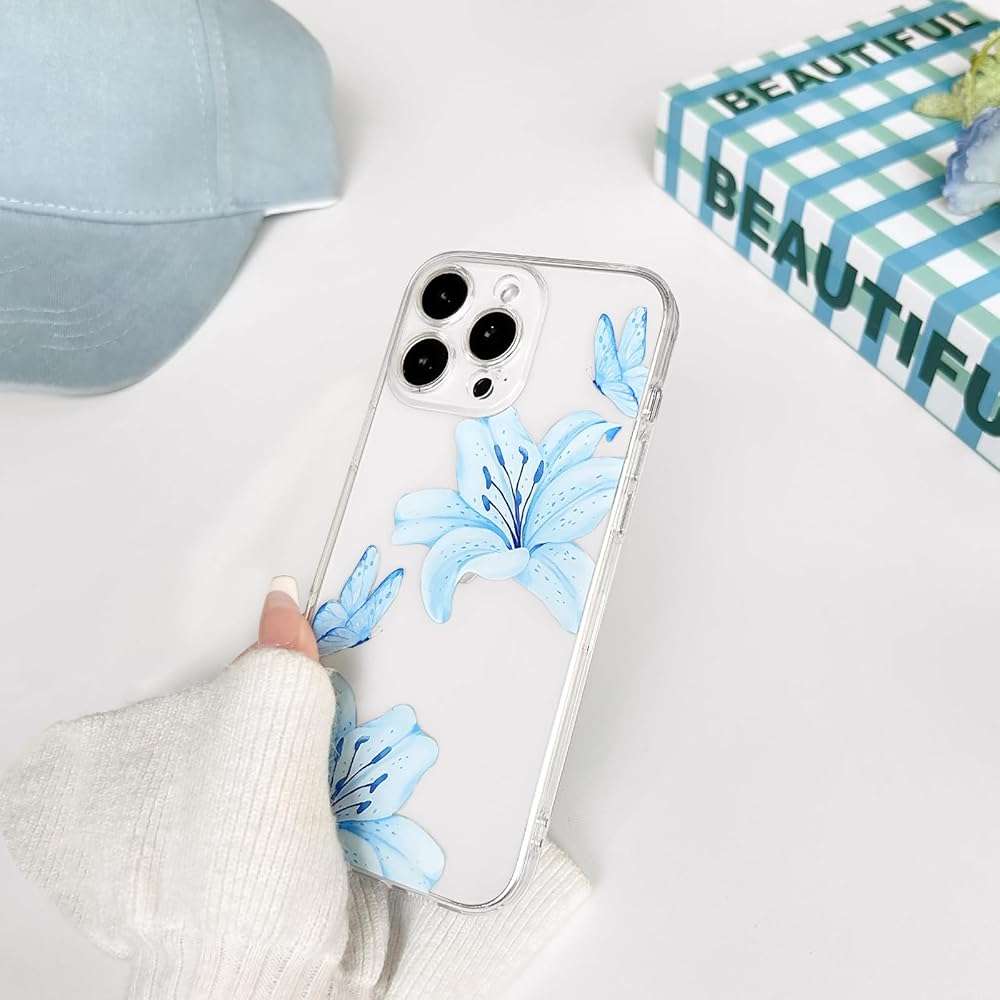NITITOP Compatible with iPhone 13 Pro Case Clear Cute Butterfly Lily Flower Floral Pattern for Women Girls Full Camera Lens Clear Slim Shockproof Protective Phone Cover - Blue - Image 7