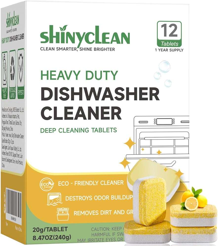 Shinyclean Heavy Duty Dishwasher Cleaner & Deodorizer Tablets, 20g*12 Pack | 1 Year supply, dishwasher descaler, septic safe, removes limescale, hard water stains & bad odors to refresh your machine - Image 1