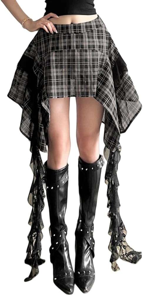 Women's Plaid Skirts Y2K Gothic Irregular Cute Skirts Sexy Lace Hem Club Rave Mini Skirts - Image 1