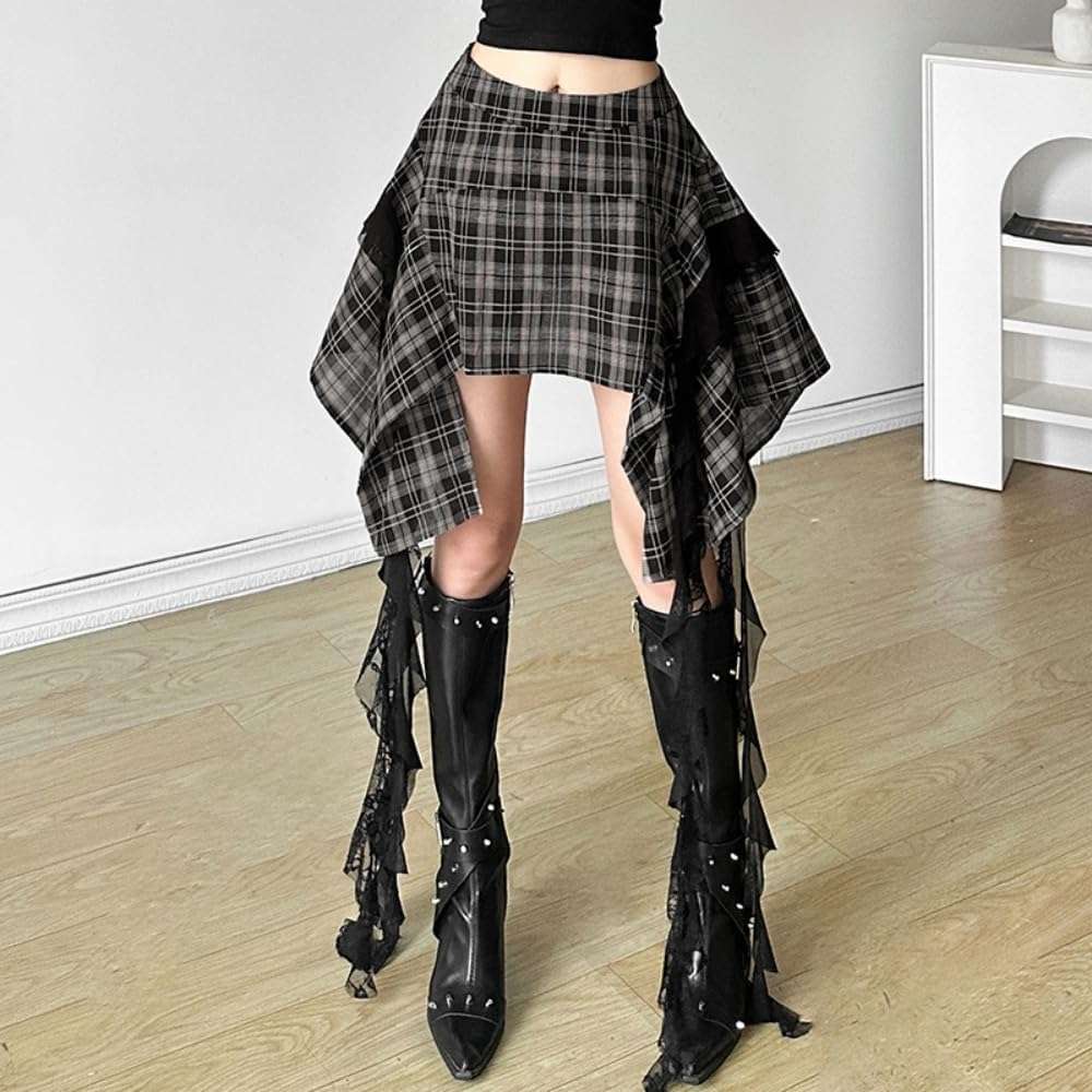 Women's Plaid Skirts Y2K Gothic Irregular Cute Skirts Sexy Lace Hem Club Rave Mini Skirts - Image 2
