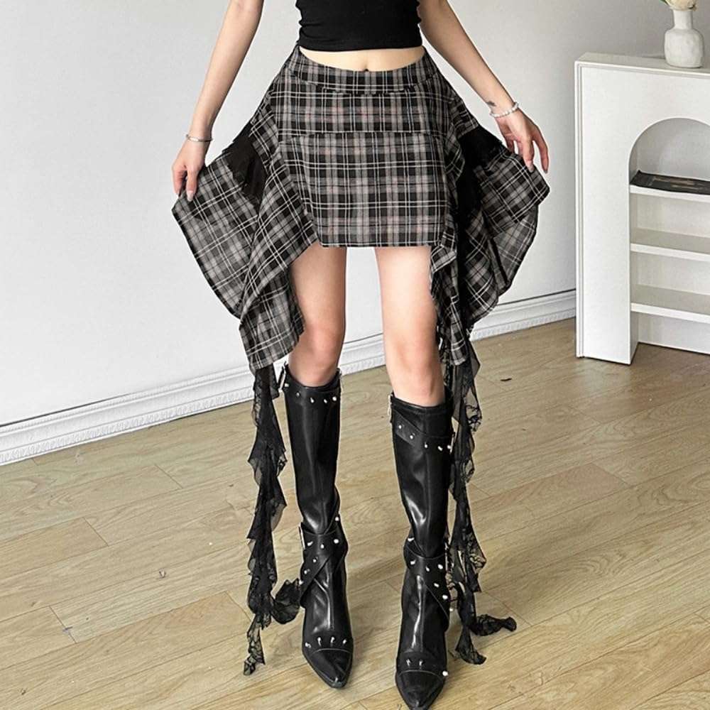 Women's Plaid Skirts Y2K Gothic Irregular Cute Skirts Sexy Lace Hem Club Rave Mini Skirts - Image 3