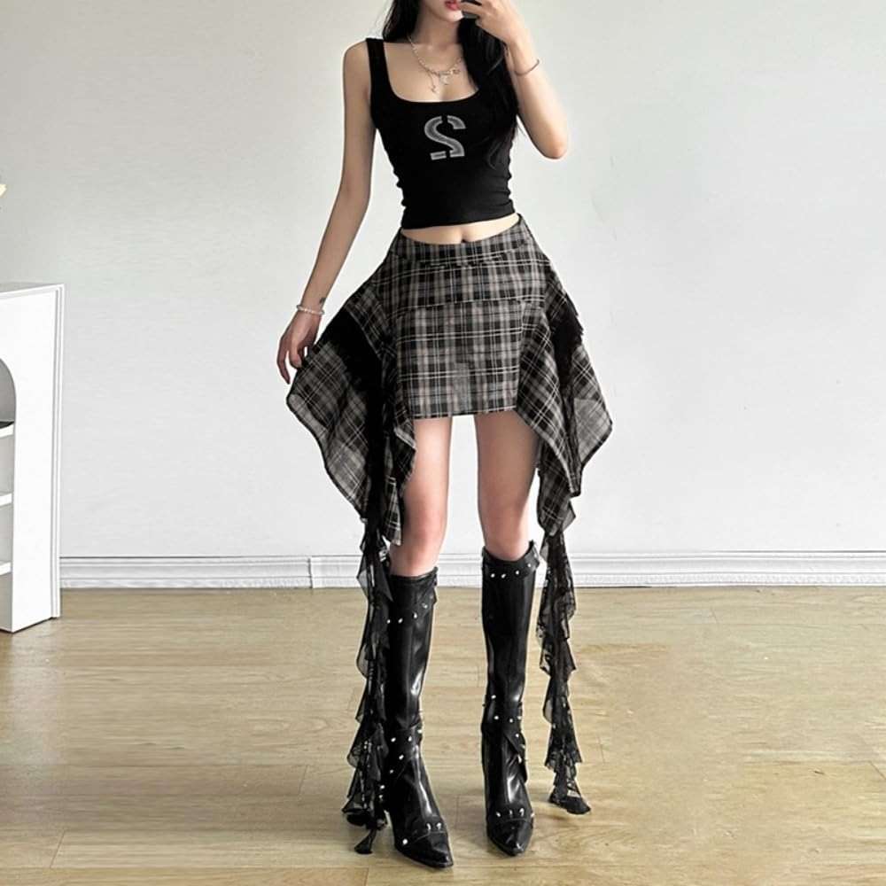 Women's Plaid Skirts Y2K Gothic Irregular Cute Skirts Sexy Lace Hem Club Rave Mini Skirts - Image 4