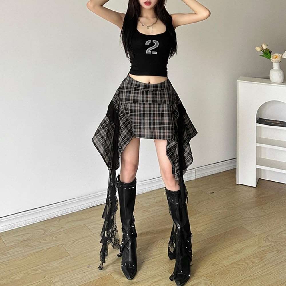 Women's Plaid Skirts Y2K Gothic Irregular Cute Skirts Sexy Lace Hem Club Rave Mini Skirts - Image 5