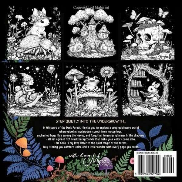 Whispers of the Dark Forest: A Cozy Fantasy Goblincore Coloring Book for Adults on Black Background - Image 2