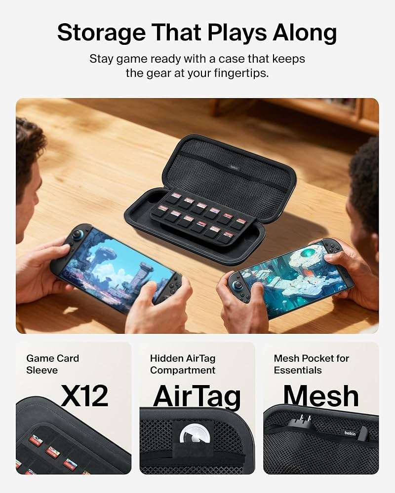 Belkin Nintendo Switch 2 Case, Travel Bag w/AirTag Holder & Storage Pocket for Up to 12 Game Cards - Portable, Lightweight Carrying Case w/Hard Shell, Soft Interior, Switch 2 Accessories - Charcoal - Image 2