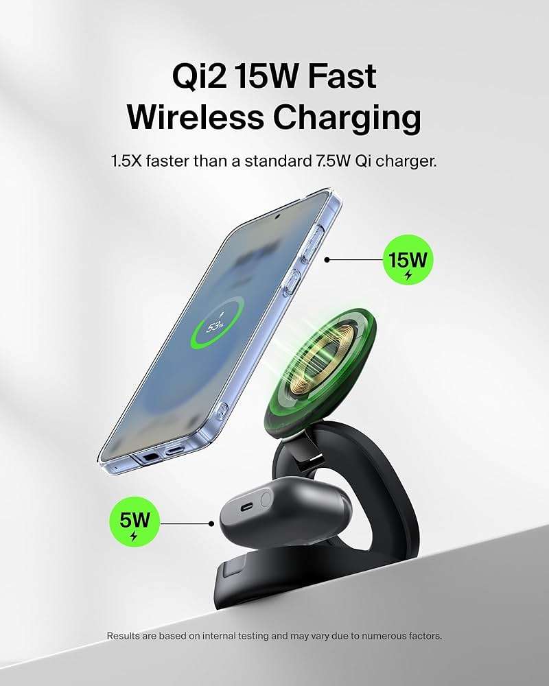 Belkin MagSafe Charger Compatible, 2-in-1 Qi2 Wireless Charging Station 15W, Convertible Charger for iPhone 17, Apple Watch, AirPods, Pixel 10, Portable Phone Stand for Travel w/ 30W Adapter - Black - Image 3