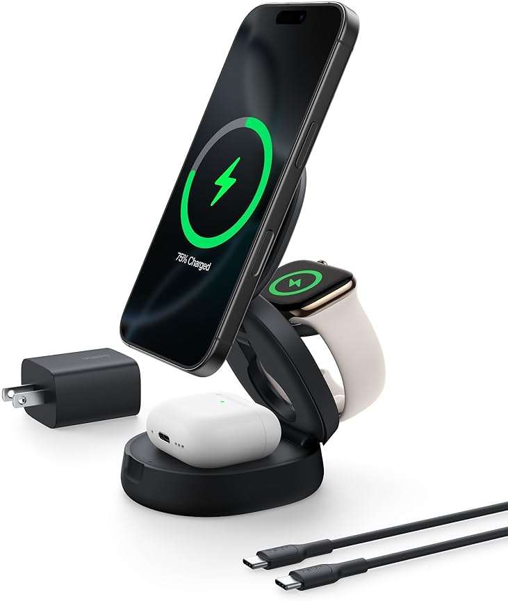 Belkin MagSafe Charger Compatible, 3-in-1 Qi2 15W Wireless Charging Station, Convertible Wireless Charger for iPhone 17, Apple Watch, AirPods, Pixel 10, Phone Stand for Travel w/ 36W Adapter - Black - Image 1
